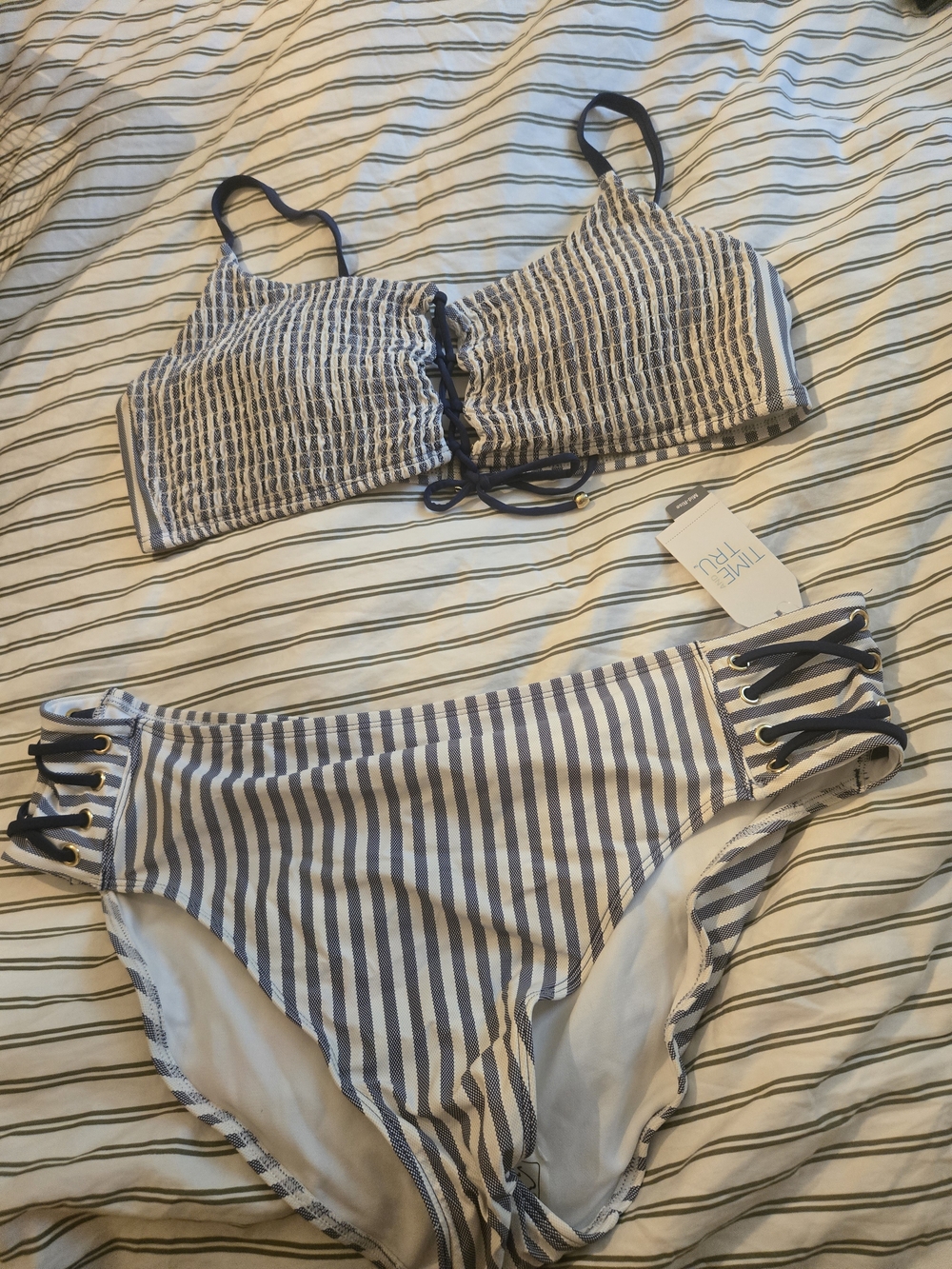 No Boundaries Navy & White Striped Lace-Up Swim Top